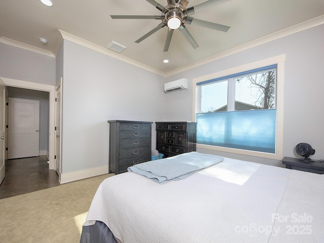 carpeted bedroom with crown molding, a wall mounted AC, and ceiling fan