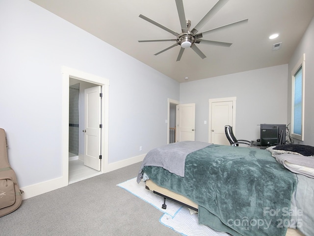 carpeted bedroom featuring ceiling fan