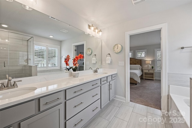 bathroom featuring vanity and plus walk in shower