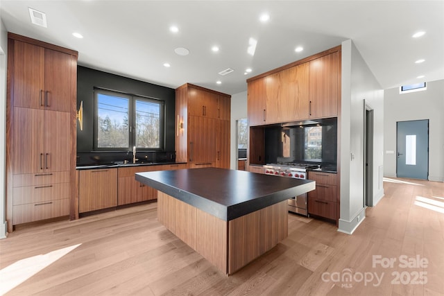 kitchen with a kitchen island, sink, backsplash, high end stainless steel range oven, and light hardwood / wood-style floors