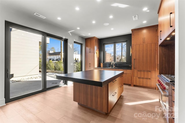 kitchen with high end range, sink, light hardwood / wood-style floors, and a kitchen island