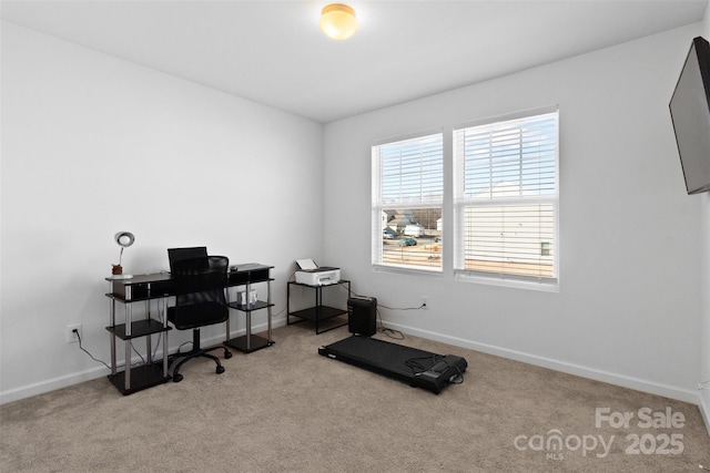 home office featuring baseboards and light colored carpet