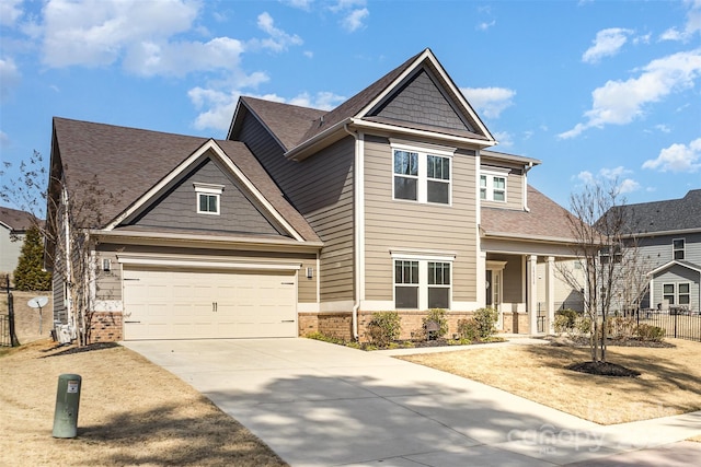 craftsman-style home with brick siding, roof with shingles, concrete driveway, fence, and a garage