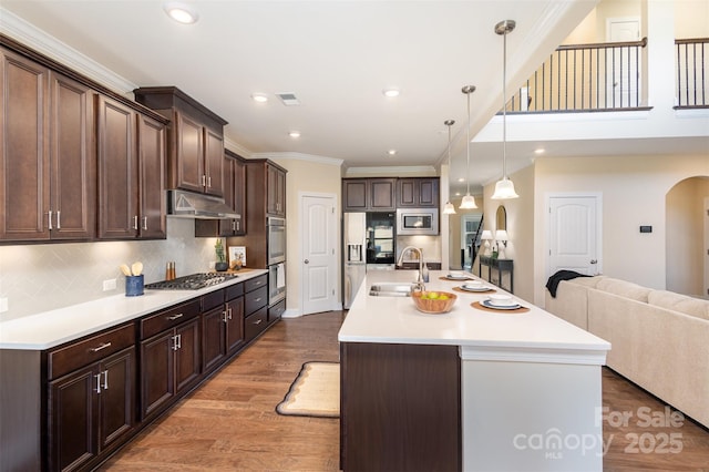 kitchen featuring arched walkways, appliances with stainless steel finishes, open floor plan, under cabinet range hood, and a sink