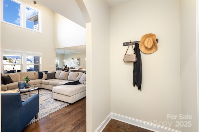 living room with dark wood-type flooring, arched walkways, a high ceiling, and baseboards