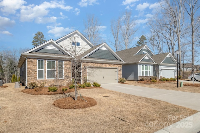 craftsman-style house with stone siding, driveway, an attached garage, and central AC unit