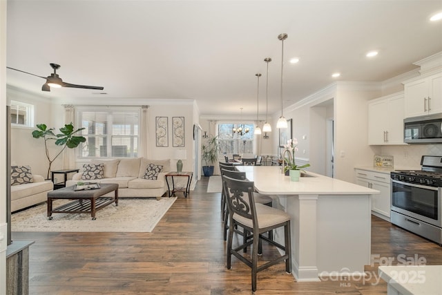 kitchen featuring dark wood-style floors, stainless steel appliances, light countertops, a kitchen bar, and a sink