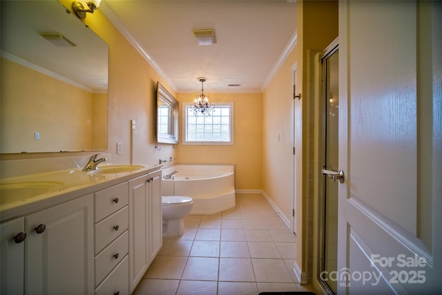 full bathroom with tile patterned flooring, an inviting chandelier, vanity, ornamental molding, and toilet