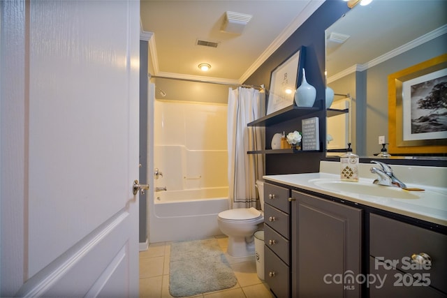 full bathroom featuring tile patterned flooring, vanity, ornamental molding, shower / bath combination with curtain, and toilet