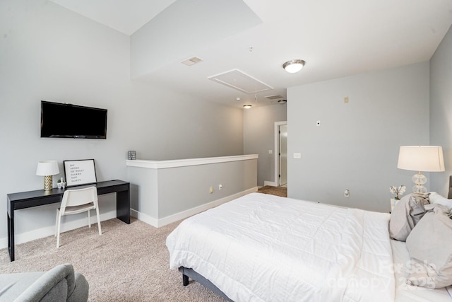 bedroom with light colored carpet