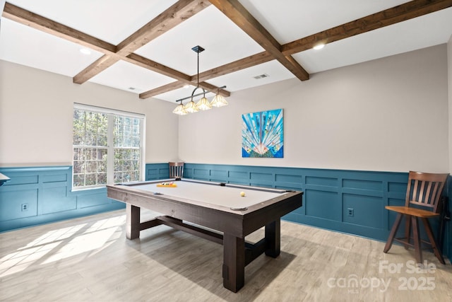 game room featuring coffered ceiling, light hardwood / wood-style flooring, beamed ceiling, and billiards