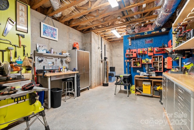 basement with a workshop area