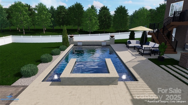 view of swimming pool with a patio area, a yard, and outdoor lounge area