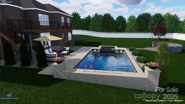 view of swimming pool with a lawn, a patio area, and an in ground hot tub