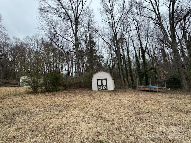 view of yard featuring a trampoline and a storage unit