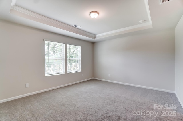 carpeted empty room featuring ornamental molding and a tray ceiling