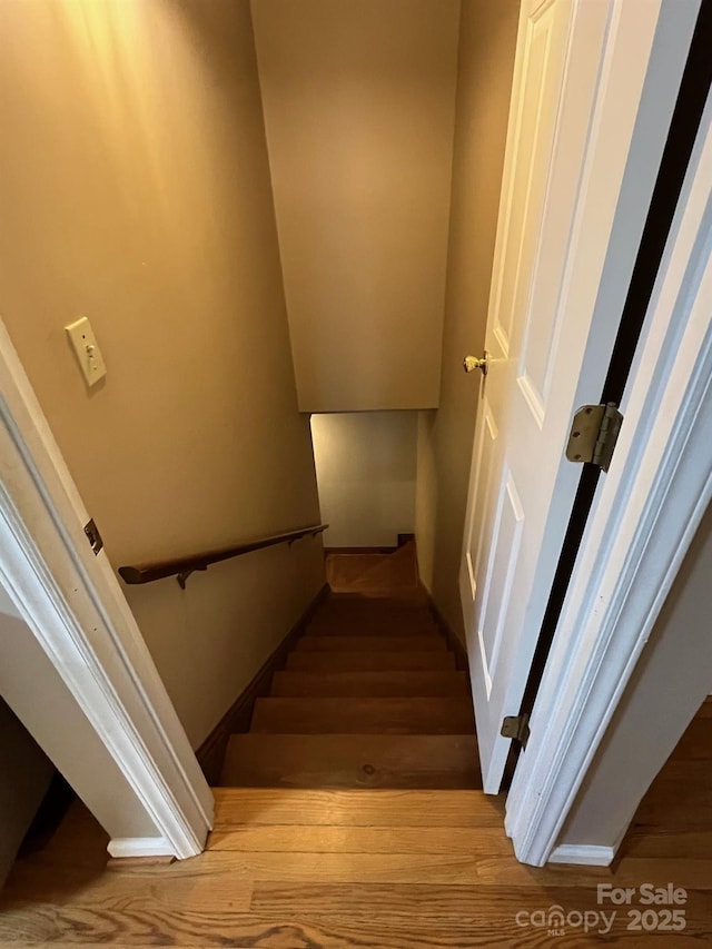 staircase with hardwood / wood-style flooring