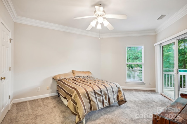 bedroom featuring access to exterior, carpet, crown molding, and baseboards