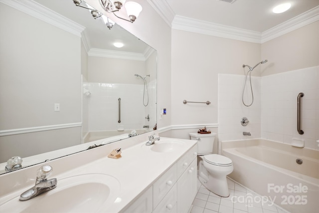 full bath with toilet, tile patterned flooring, crown molding, and a sink