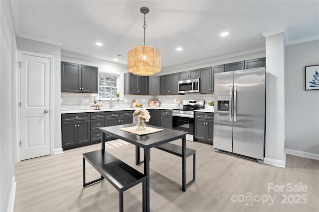 kitchen with crown molding, decorative light fixtures, light wood-type flooring, stainless steel appliances, and backsplash