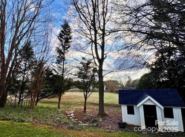 view of yard with a storage shed and an outdoor structure