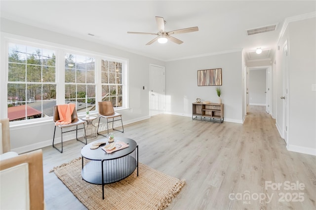 sitting room featuring ornamental molding, ceiling fan, and light hardwood / wood-style floors