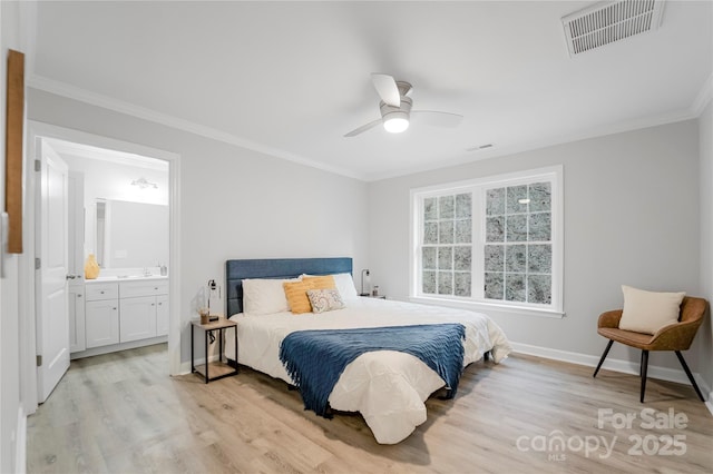 bedroom featuring crown molding, ensuite bathroom, ceiling fan, and light hardwood / wood-style flooring