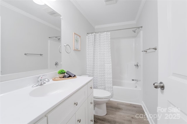 full bathroom featuring hardwood / wood-style flooring, ornamental molding, toilet, and shower / bath combination with curtain