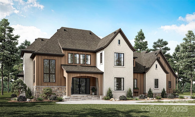 view of front of home with a shingled roof, stone siding, and a front lawn