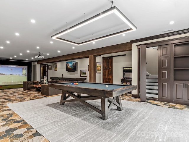 rec room with visible vents, recessed lighting, pool table, and a barn door