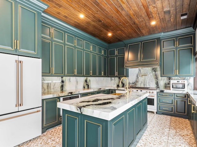 kitchen with white appliances, light tile patterned flooring, a sink, wooden ceiling, and tasteful backsplash