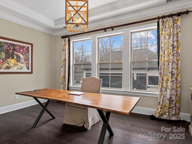 office area featuring dark wood finished floors, a chandelier, baseboards, and ornamental molding