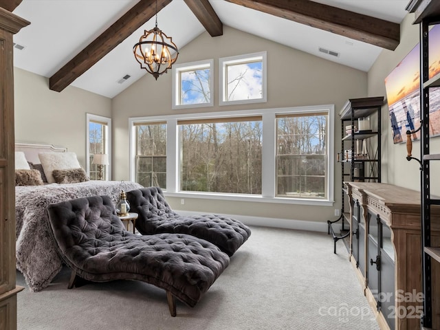 bedroom with beam ceiling, carpet flooring, and a chandelier