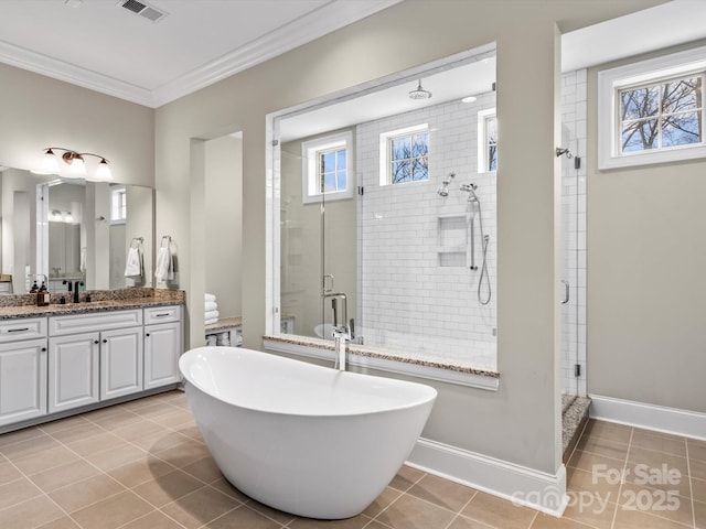 full bathroom featuring visible vents, ornamental molding, a shower stall, and tile patterned flooring