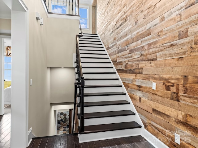 stairs featuring wood walls, baseboards, and hardwood / wood-style floors