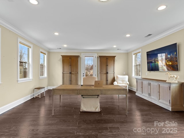 interior space featuring a healthy amount of sunlight, dark wood finished floors, and ornamental molding