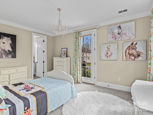 bedroom featuring visible vents, a notable chandelier, ornamental molding, carpet flooring, and access to exterior