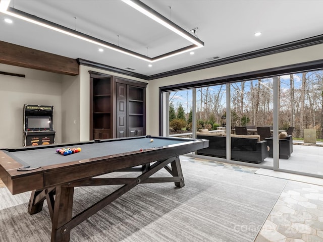 rec room featuring visible vents, recessed lighting, pool table, and crown molding