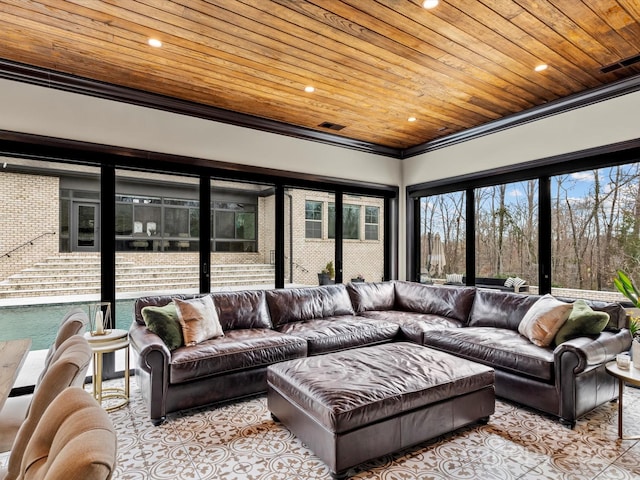 living area featuring wooden ceiling and ornamental molding