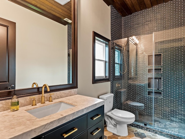 full bath featuring vanity, toilet, wood ceiling, and a stall shower