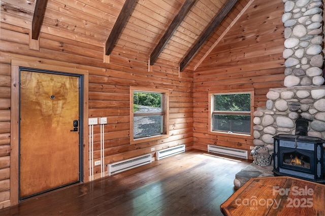 3925 Blackberry Crest Ln, Lenoir, NC 28645 - unfurnished living room featuring baseboard heating, wooden ceiling with exposed beams, hardwood / wood-style flooring, a wood stove, and high vaulted ceiling