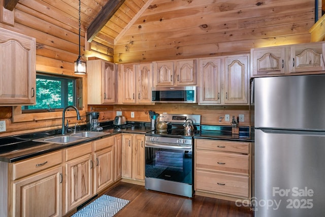 3925 Blackberry Crest Ln, Lenoir, NC 28645 - kitchen with stainless steel appliances, wood ceiling, a sink, dark countertops, and light brown cabinetry