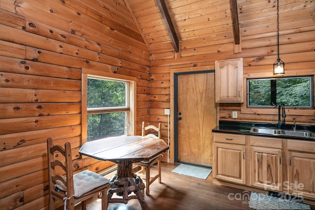 3925 Blackberry Crest Ln, Lenoir, NC 28645 - kitchen featuring wood ceiling, a sink, wood finished floors, dark countertops, and light brown cabinetry