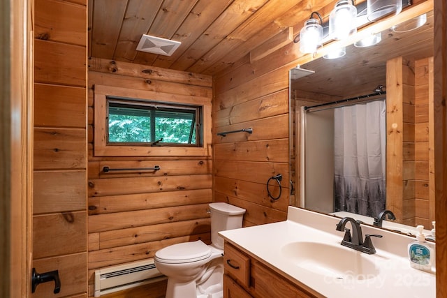 3925 Blackberry Crest Ln, Lenoir, NC 28645 - full bathroom featuring baseboard heating, toilet, a shower with curtain, vanity, and wood ceiling