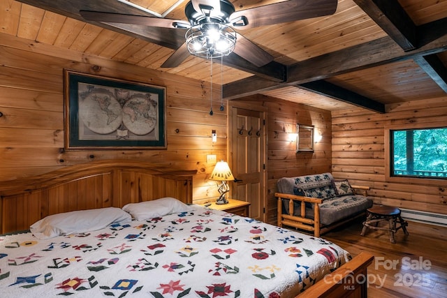 3925 Blackberry Crest Ln, Lenoir, NC 28645 - bedroom with wood ceiling with exposed beams, hardwood / wood-style flooring, wooden walls, rustic walls, and a baseboard heating unit