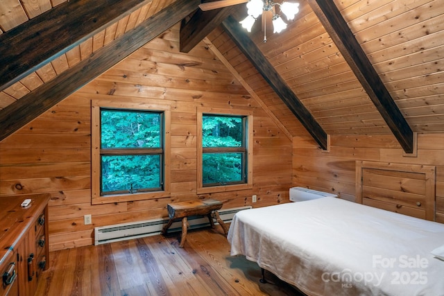 3925 Blackberry Crest Ln, Lenoir, NC 28645 - bedroom with hardwood / wood-style flooring, wooden ceiling, wooden walls, a baseboard radiator, and a ceiling fan