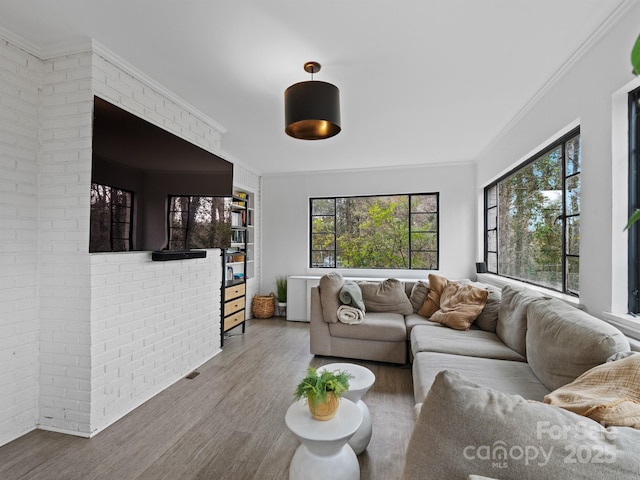 living room with wood-type flooring, ornamental molding, and brick wall