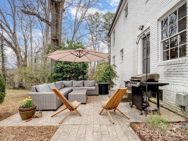 view of patio / terrace featuring an outdoor living space and grilling area