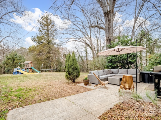 view of patio with a trampoline, an outdoor hangout area, and a playground