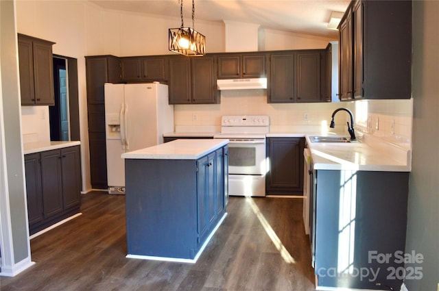 kitchen with sink, dark brown cabinets, a kitchen island, pendant lighting, and white appliances